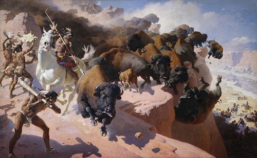 Umělecká ztvárnění "bizoního skoku", tedy původní indiánské metody lovu bizonů