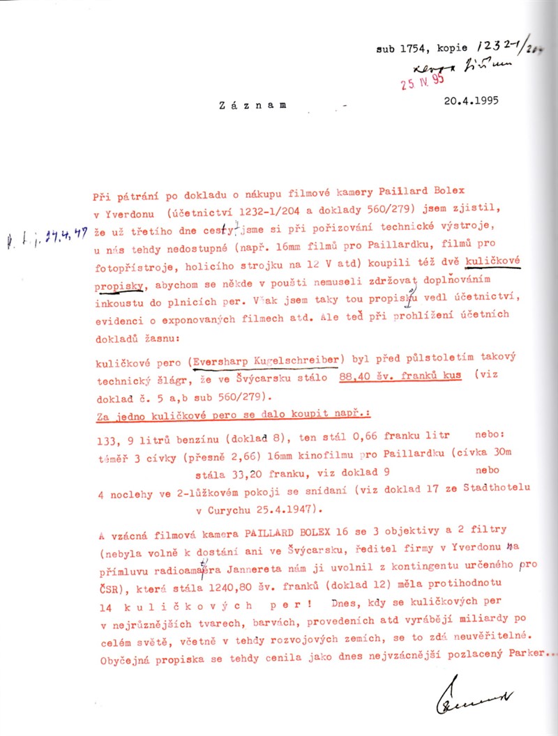 Záznam z deníku Miroslava Zikmunda ze dne 20.4.1995 | Foto: Muzeum jihovýchodní Moravy Zlín, Archiv H+Z, autor: Jiří Hanzelka a Miroslav Zikmund