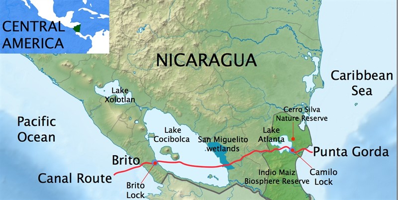Plánovaná trasa Nikaragujského kanálu. | worldmaritimenews.com